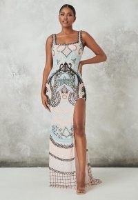 MISSGUIDED peace + love blue embellished square neck maxi dress ~ occasion glamour ~ long sequinned evening dresses