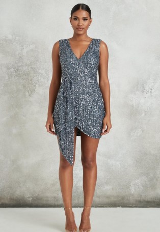 MISSGUIDED peace + love blue embellished wrap mini dress ~ sparkling party dresses ~ glittering bodycon - flipped