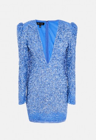 peace + love blue sequin deep plunge mini dress ~ plunging bodycon dresses ~ sequinned party fashion - flipped