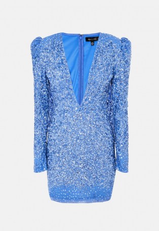 peace + love blue sequin deep plunge mini dress ~ plunging bodycon dresses ~ sequinned party fashion