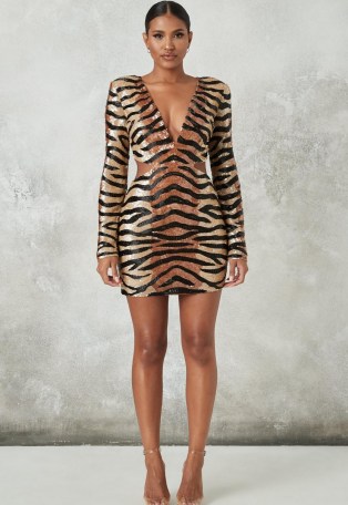 peace + love tan tiger embellished cut out mini dress ~ deep plunge bodycon dresses ~ animal print partywear