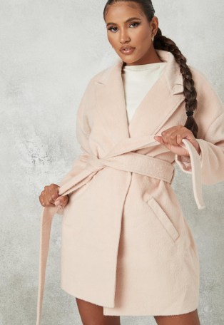 MISSGUIDED peach drop shoulder belted formal coat