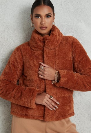 MISSGUIDED petite toffee borg teddy jacket ~ brown textured winter jackets - flipped