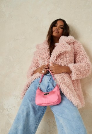 MISSGUIDED pink curly borg teddy coat ~ textured winter coats - flipped