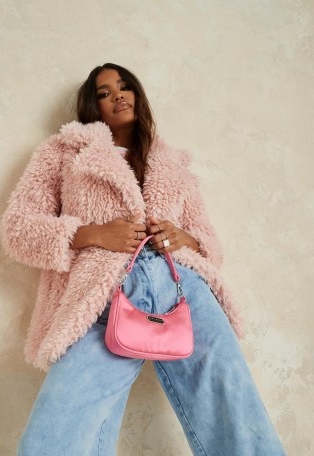 MISSGUIDED pink curly borg teddy coat ~ textured winter coats
