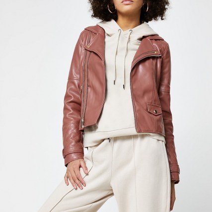 RIVER ISLAND Pink faux leather double zip biker jacket ~ casual zip detail jackets - flipped