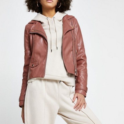 RIVER ISLAND Pink faux leather double zip biker jacket ~ casual zip detail jackets