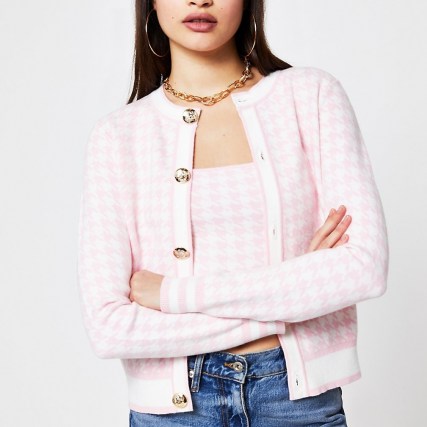 RIVER ISLAND Pink houndstooth knit cardigan ~ checked cardigans - flipped