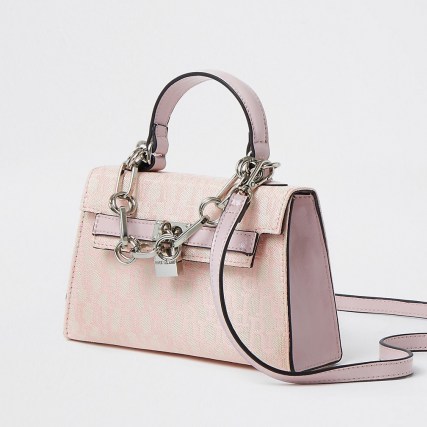 RIVER ISLAND Pink Jacquard RI print mini tote bag ~ small grab handle bags