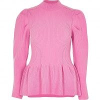 RIVER ISLAND Pink knit peplum jumper – puff sleeve jumpers