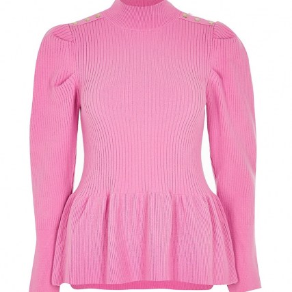 RIVER ISLAND Pink knit peplum jumper – puff sleeve jumpers - flipped