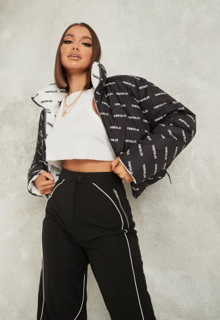 playboy x missguided black all over printed puffer coat ~ monochrome reversible jackets - flipped