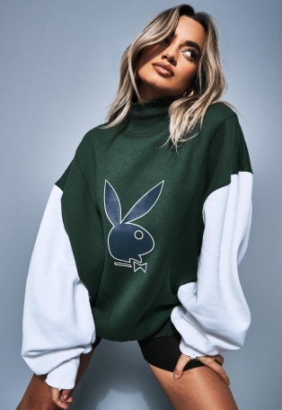playboy x missguided green varsity high neck sweatshirt ~ slouchy bunny print sweatshirts - flipped