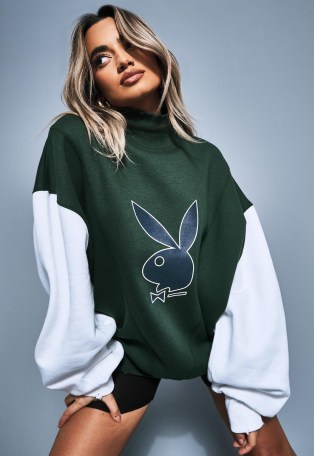 playboy x missguided green varsity high neck sweatshirt ~ slouchy bunny print sweatshirts