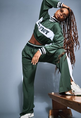 playboy x missguided green varsity tricot tracksuit top ~ cropped track tops