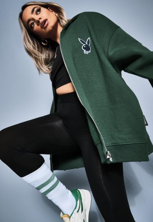 playboy x missguided green varsity zip through hoodie ~ bunny logo hoodies ~ distressed detailed fashion