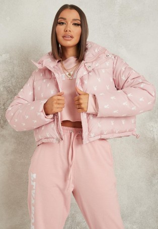 playboy x missguided pink all over printed puffer coat ~ padded logo print coats - flipped