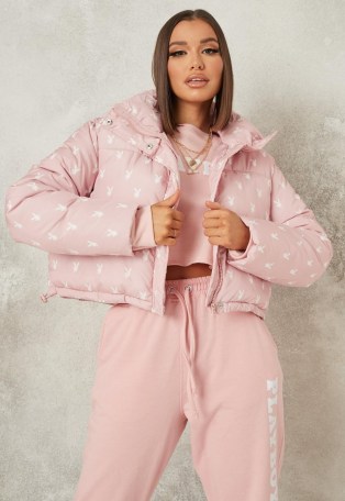 playboy x missguided pink all over printed puffer coat ~ padded logo print coats