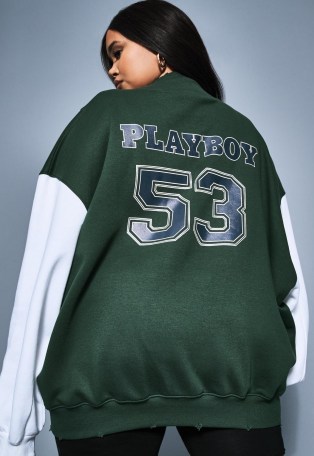 playboy x missguided plus size green varsity high neck sweatshirt ~ curvy fit logo sweatshirts