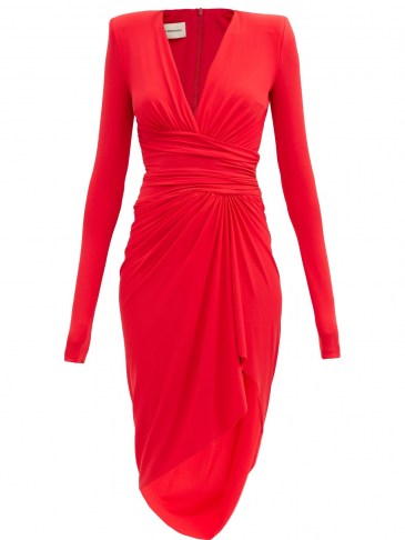 ALEXANDRE VAUTHIER Red plunge-neck gathered jersey mini dress ~ LRD ~ asymmetric occasionwear ~ glamorous occasion clothing ~ evening glamour ~ deep V-neckline event wear - flipped
