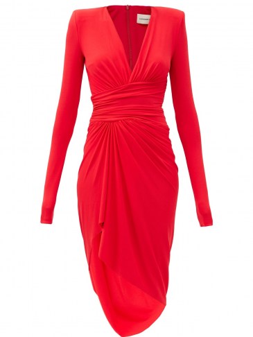 ALEXANDRE VAUTHIER Red plunge-neck gathered jersey mini dress ~ LRD ~ asymmetric occasionwear ~ glamorous occasion clothing ~ evening glamour ~ deep V-neckline event wear