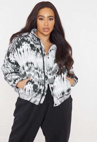 MISSGUIDED plus size white tie dye puffer jacket – casual padded jackets - flipped