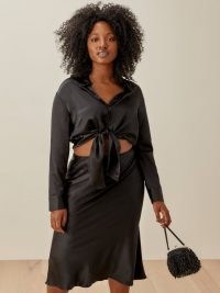 Reformation Polli Two Piece | black silk shirt and skirt fashion fashion set