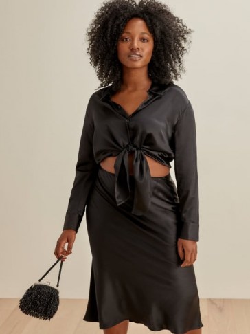 Reformation Polli Two Piece | black silk shirt and skirt fashion fashion set - flipped