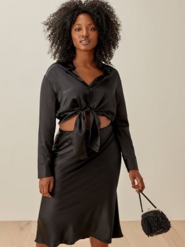 Reformation Polli Two Piece | black silk shirt and skirt fashion fashion set