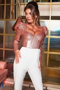 LAVISH ALICE puff sleeve sequin corset jumpsuit in rose gold ~ evening glamour ~ glittering jumpsuits