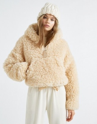 Pull&Bear cropped fluffy borg jacket in ecru