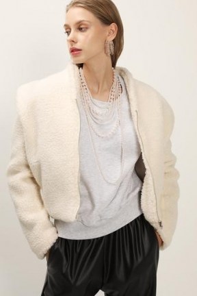 storets Phoebe Structured Teddy Jacket / cropped ivory faux fur jackets