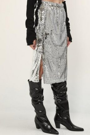 storets Amelia Sequin Slit Skirt / glittering silver skirts / shimmering metallics - flipped