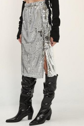storets Amelia Sequin Slit Skirt / glittering silver skirts / shimmering metallics