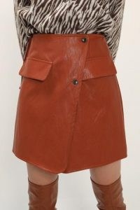 storets Hazel Pleather Wrap Skirt ~ brown faux leather skirts ~ asymmetric front