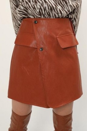 storets Hazel Pleather Wrap Skirt ~ brown faux leather skirts ~ asymmetric front - flipped