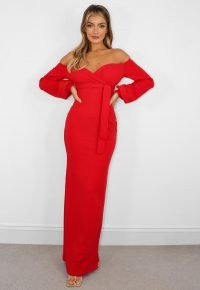 MISSGUIDED red bardot belted long sleeve maxi dress ~ long off the shoulder dresses ~ evening glamour ~ glamorous occasion fashion