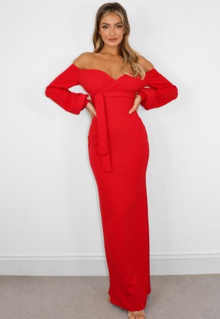 MISSGUIDED red bardot belted long sleeve maxi dress ~ long off the shoulder dresses ~ evening glamour ~ glamorous occasion fashion - flipped