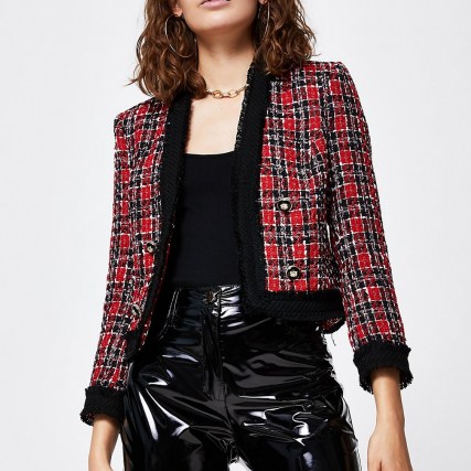 RIVER ISLAND Red check boucle long sleeve jacket / textured checked jackets - flipped