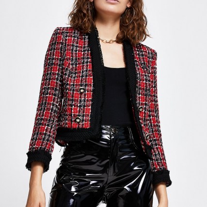 RIVER ISLAND Red check boucle long sleeve jacket / textured checked jackets