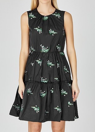 RED VALENTINO Black floral-embroidered taffeta dress ~ tiered fit and flare dresses ~ lbd - flipped