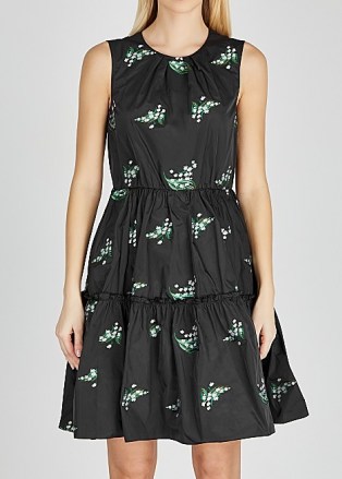 RED VALENTINO Black floral-embroidered taffeta dress ~ tiered fit and flare dresses ~ lbd