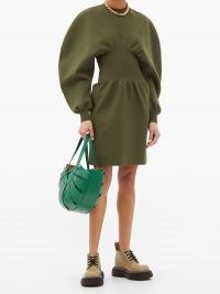BOTTEGA VENETA Round-shoulder wool-blend knitted dress ~ green volume sleeve dresses