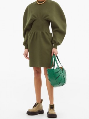 BOTTEGA VENETA Round-shoulder wool-blend knitted dress ~ green volume sleeve dresses - flipped