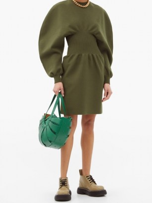 BOTTEGA VENETA Round-shoulder wool-blend knitted dress ~ green volume sleeve dresses