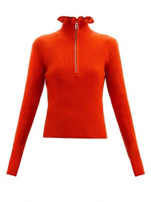 CHLOÉ Ruffled-neckline wool-blend sweater in red ~ bright sweaters