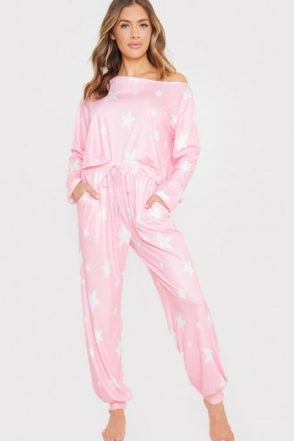 SAFFRON BARKER PINK STAR PRINT OFF SHOULDER PYJAMA SET ~ pyjamas ~ nightwear sets