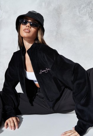 sean john x missguided black velour zip front cropped jacket / casual logo jackets