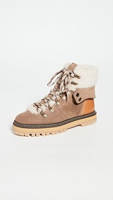 See by Chloe Eileen Ankle Boots in Crosta Taupe / shearling trim lace up boot - flipped