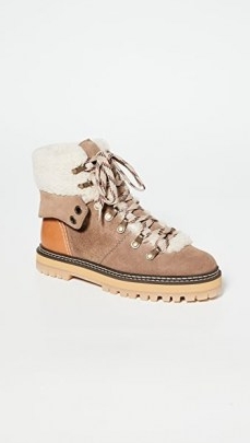 See by Chloe Eileen Ankle Boots in Crosta Taupe / shearling trim lace up boot